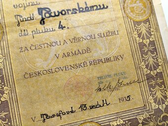 Pochvalný dekret čs. armáda 1935 Dělostřelecký pluk 4 Josefo - 2