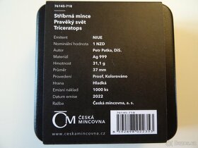 Stříbrná mince Pravěký svět - Triceratops proof - 2