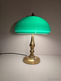 mosazná stará lampička, lampa, zelené stínidlo, bankéřka - 2