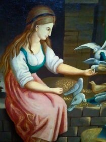 Obraz olej na plátně. BIDERMEIER Dívka krmící holuby. - 2