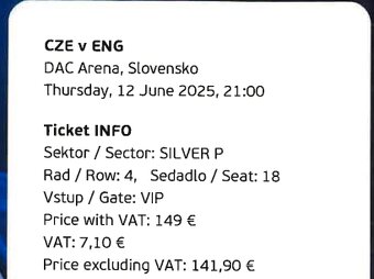 2x VIP vstupenka Česko vs Anglie - ME Slovensko U21 - 2