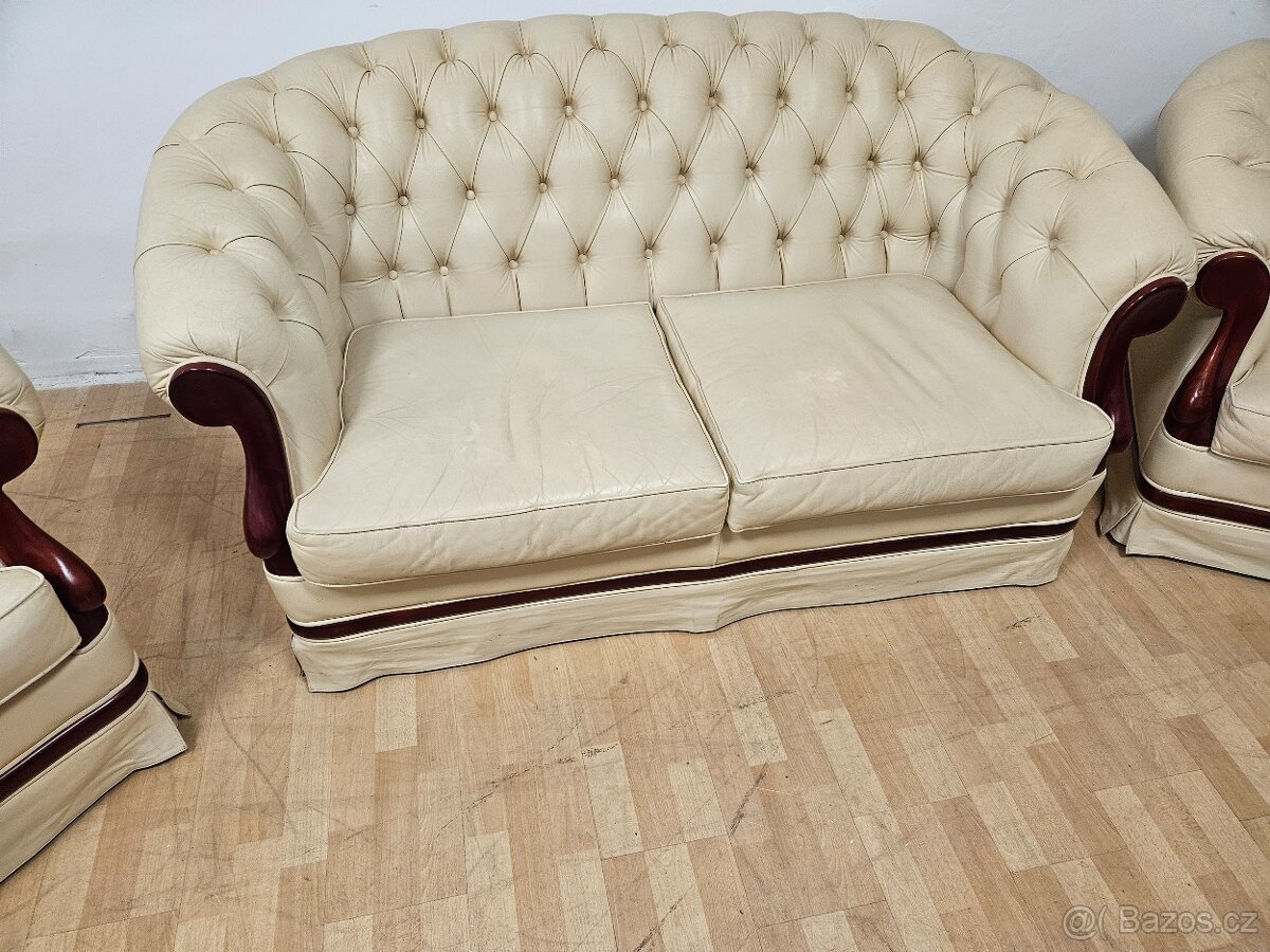 CHESTERFIELD ŠTÝL 2+1+1 KOŽENÁ,KOMB.S DREVOM - 3