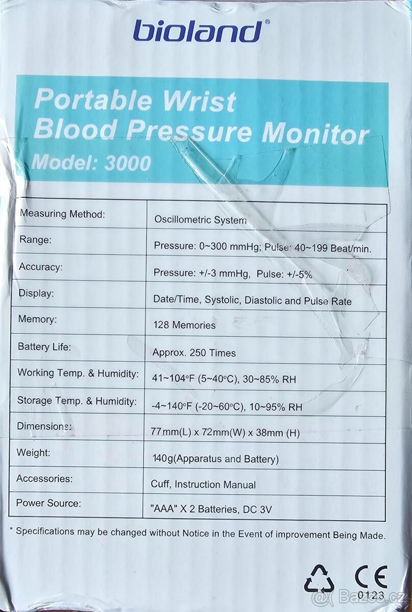 Měřič tlaku a tepu na zápěstí Bioland model 3000 - 3