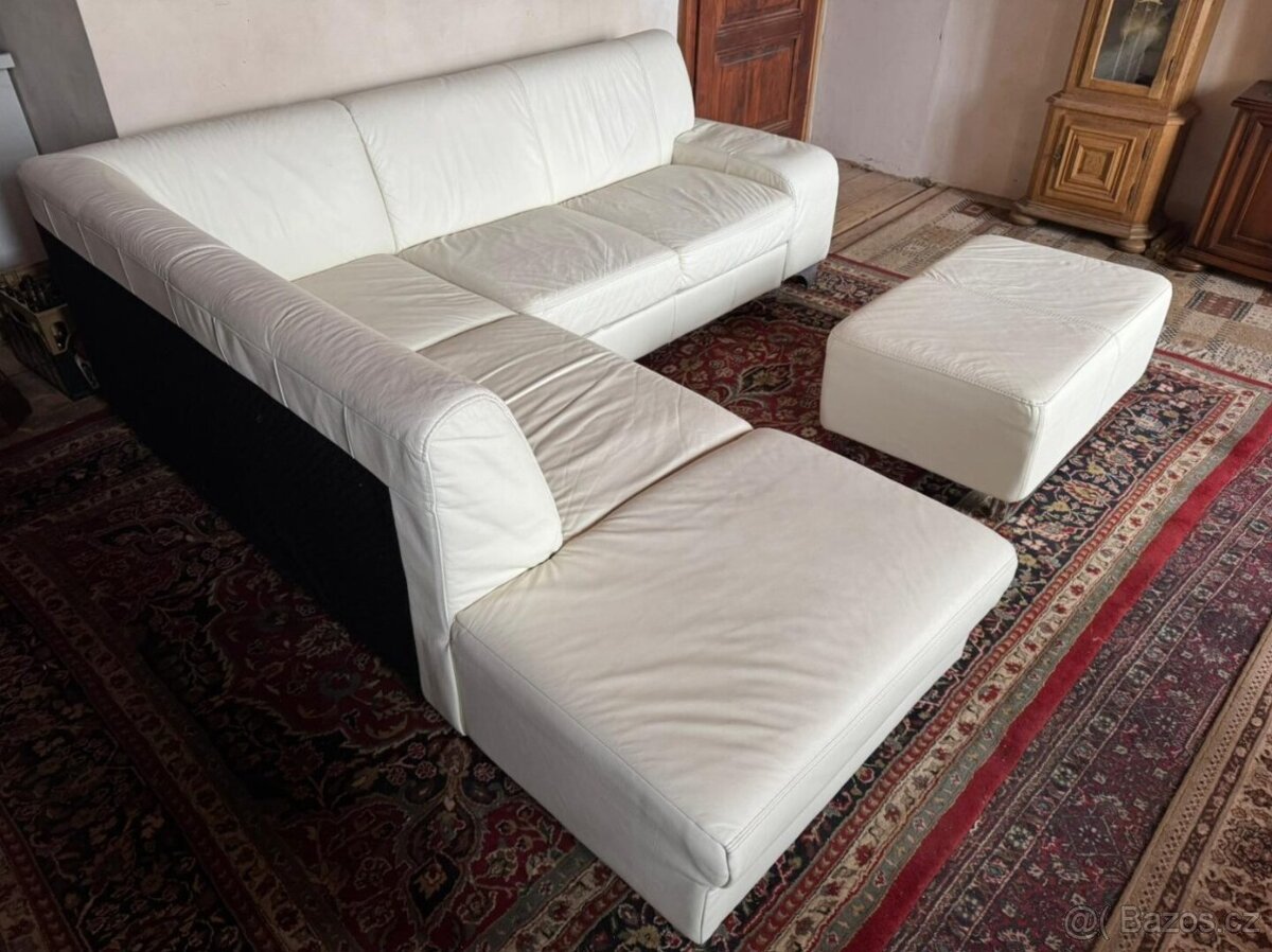 Bílá kožená rohová sedačka s taburetem,5979 - 3