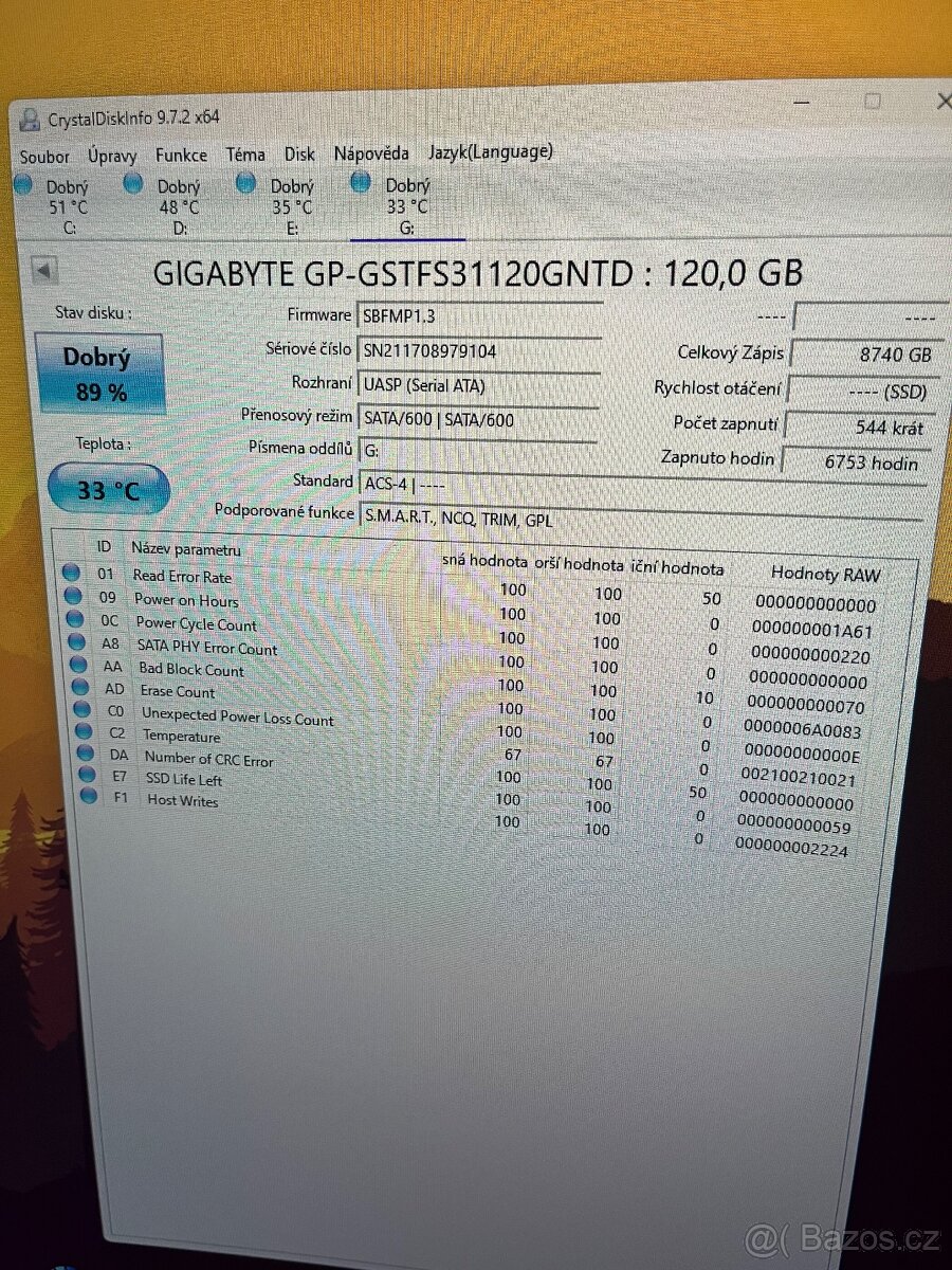 SSD Gigabyte 120gb 2.5" sata 89% - 3