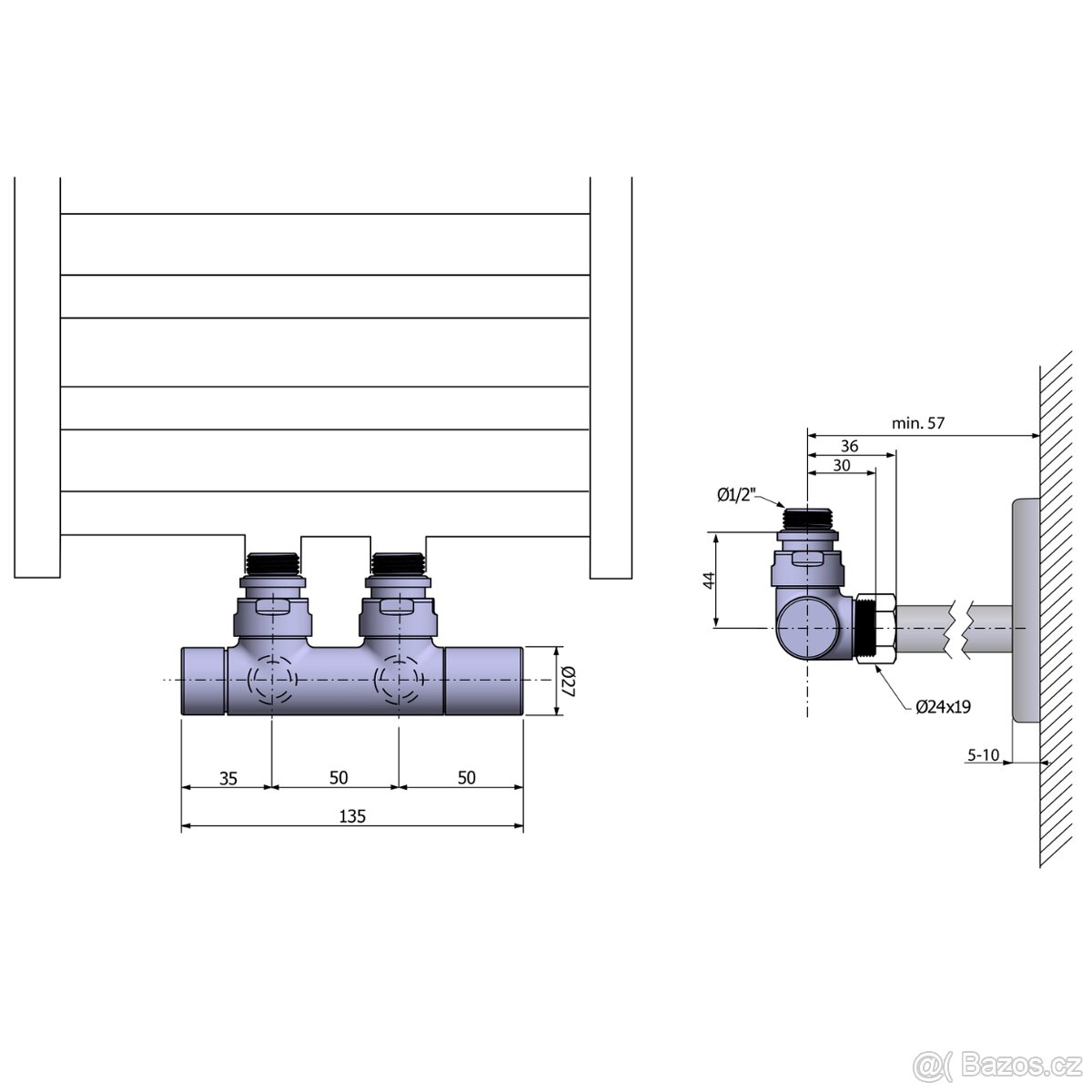 TWIN BLACK připojovací sada ventilů pro středové připojení - 3
