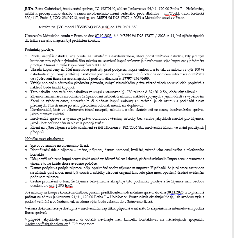 Televize zn. JVC model LT-50VAQ3435 serial no 13910601 AV - 3