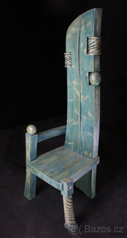 Prodám dřevěné umělecké křeslo tyrkysové modré - 3