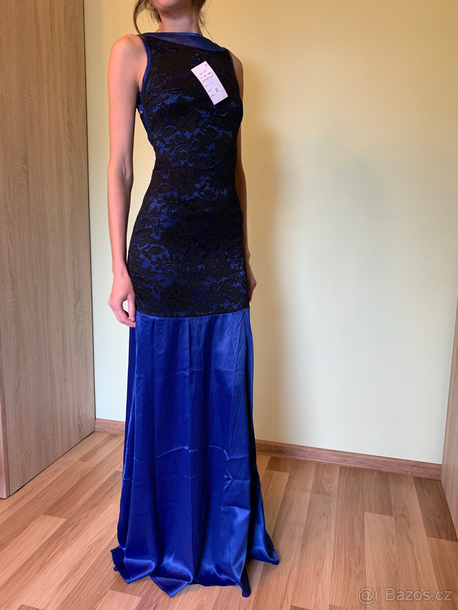 Saténové dlouhé šaty s krajkou, modré, vel.S/M - 3