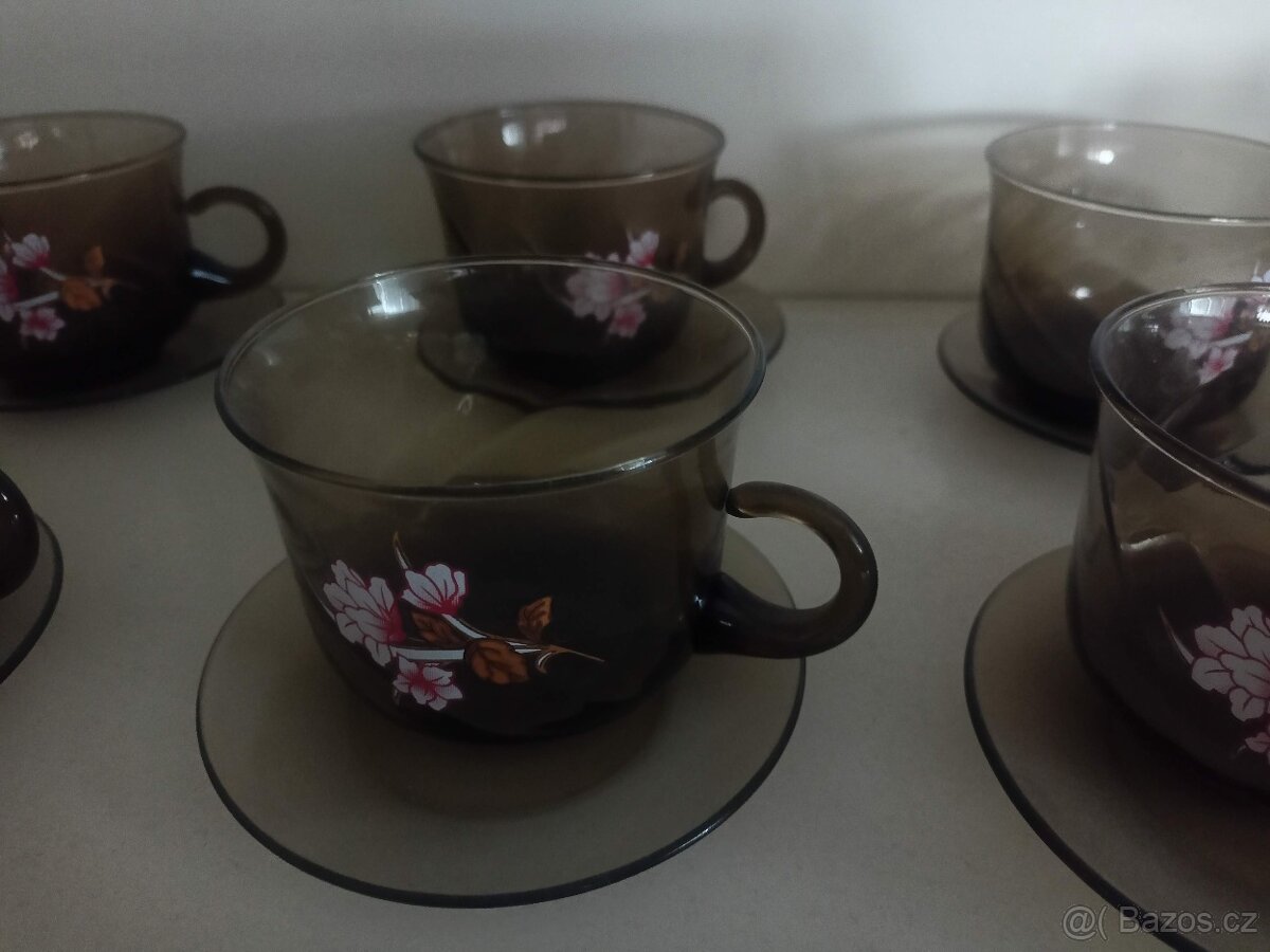 Sada z kouřového skla - 6ks šálek s podšálkem - 3