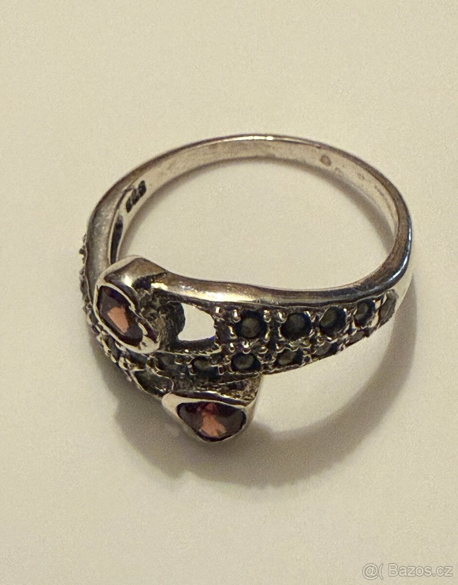 Stříbrný prsten přírodní granáty, markazity - 3
