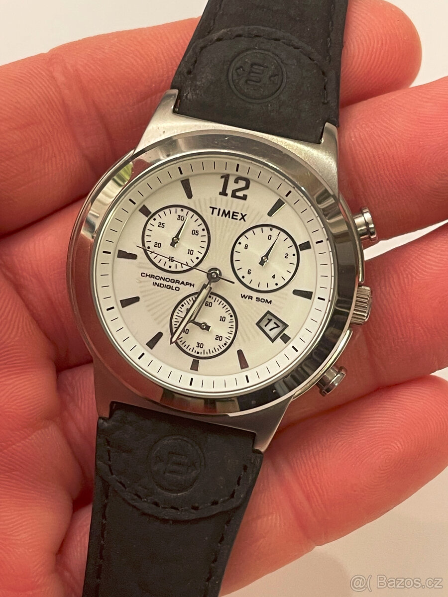 Chronograph Timex, 50m voděodolný, čiselník 4cm, kožený páse - 3
