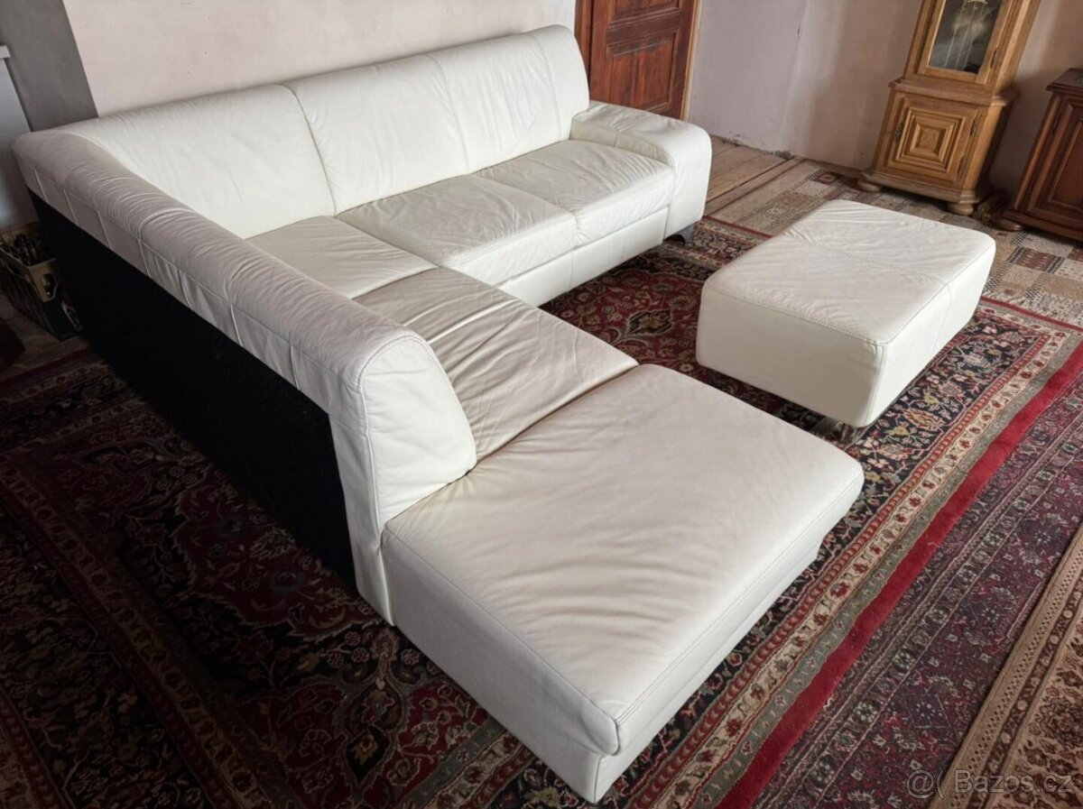 Bílá kožená rohová sedačka s taburetem,5979 - 3
