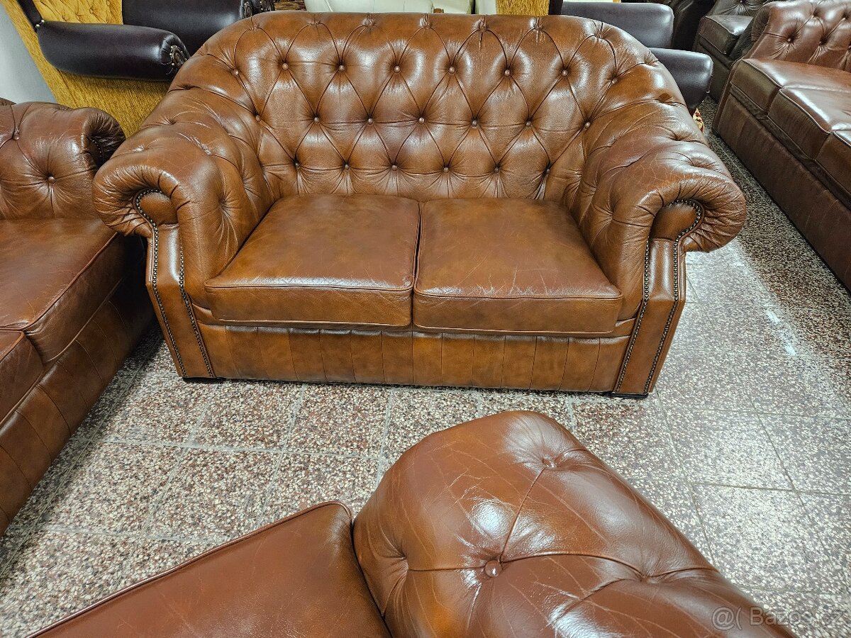 CHESTERFIELD ŠTÝL,HRUBOKOŽENÁ SEDAČKA HNEDÁ 3+2+1,ZĽAVA - 3