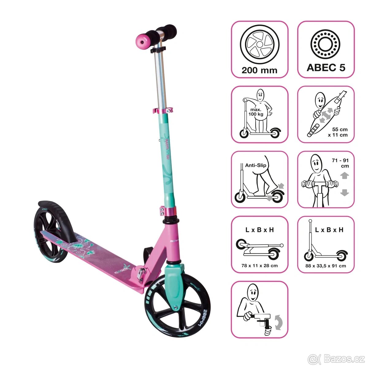 Dívčí hliníková koloběžka 200 mm růžovo-tyrkysová - 3