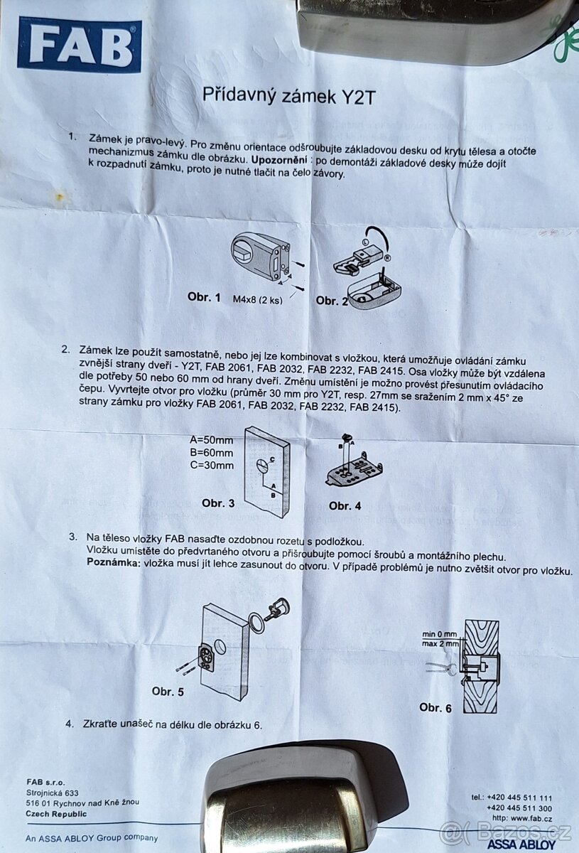Přídavný zámek FAB Y2T s vložkou a 3mi klíči levně prodám. - 3