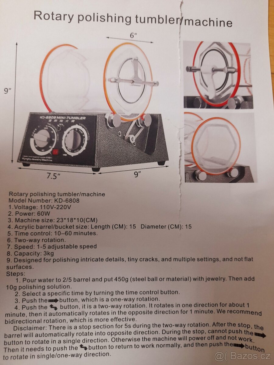 Bubnová rotační leštička na šperky a minerály (na 3 kg) - 3