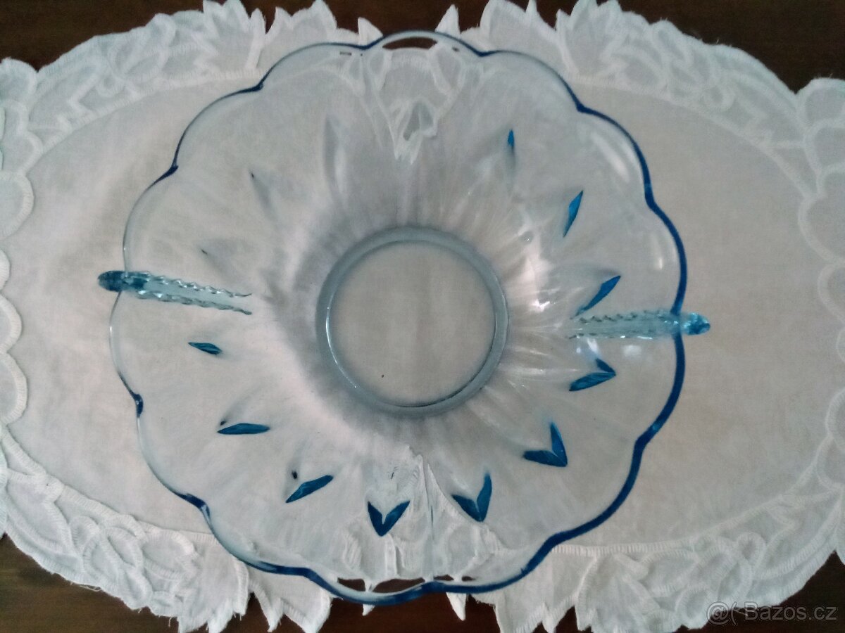 Starožitná art Deco mísa - akvamarinové sklo - 3