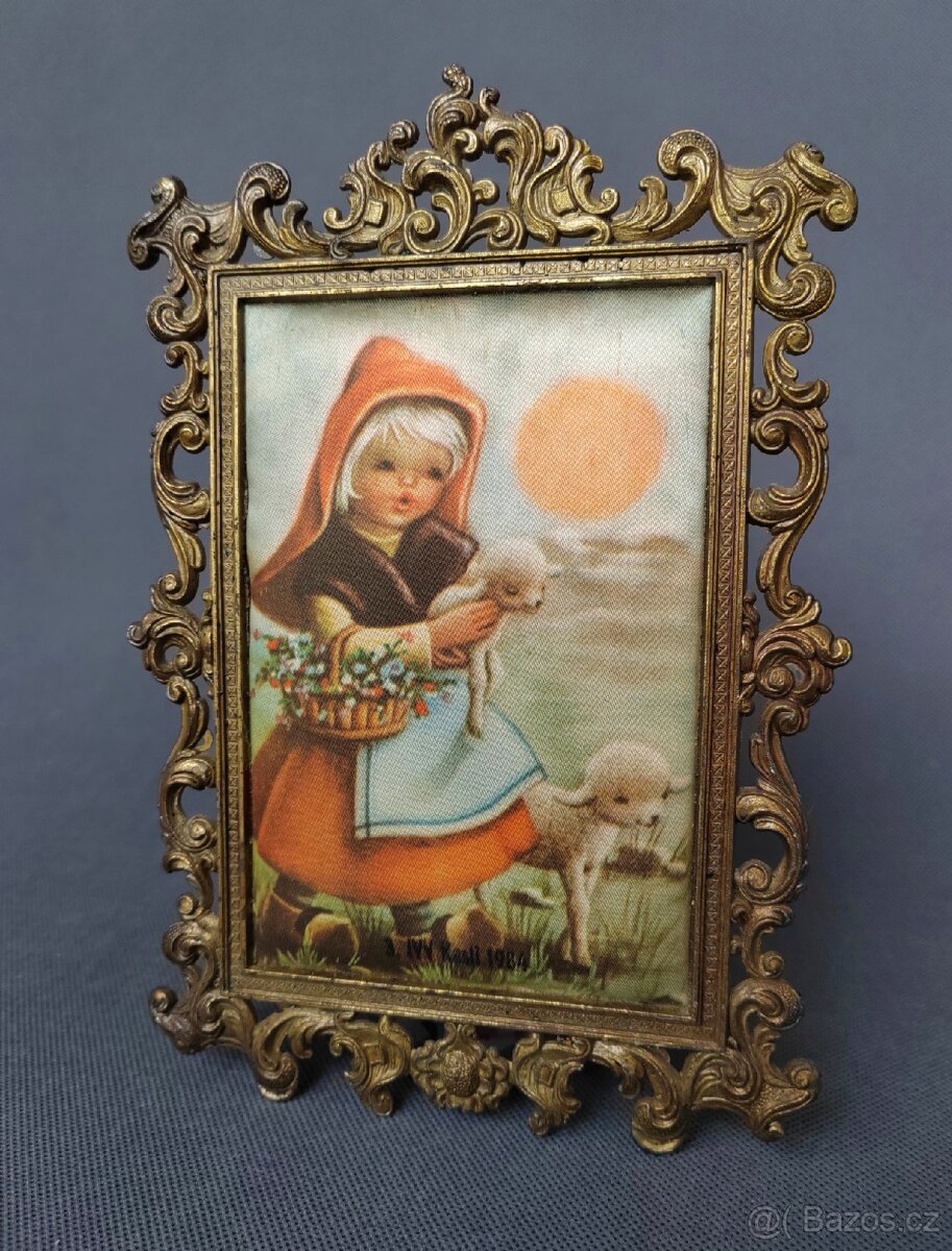 Nádherný obrázek na hedvábí v mosazném ramu (Itálie) - 3