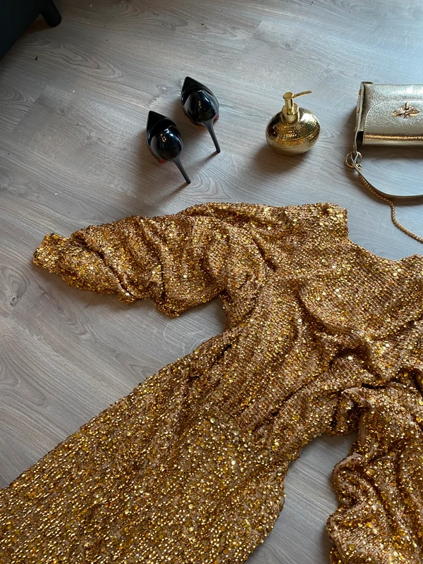 Paris flitrove zlate plesove dlouhé saty rukavy 36 - 3