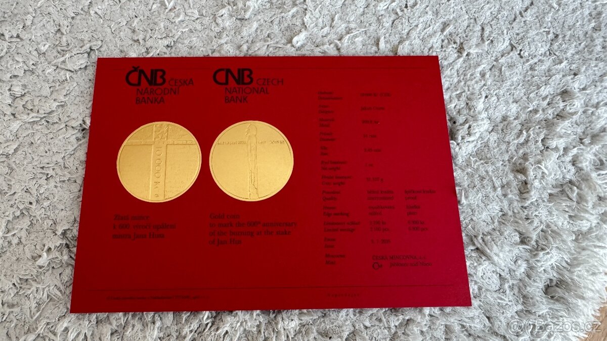 Vzácná investiční zlatá mince – JAN HUS, PROOF, ČNB - 3