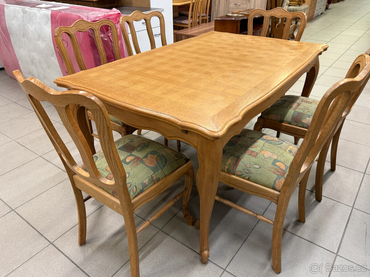 Intarzovaný dubový stůl a šest dubových židlí - 3