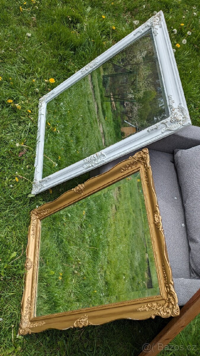 2 zrcadla, dřevěné rámy, zdobené a hladké, sklo brus faseta - 3