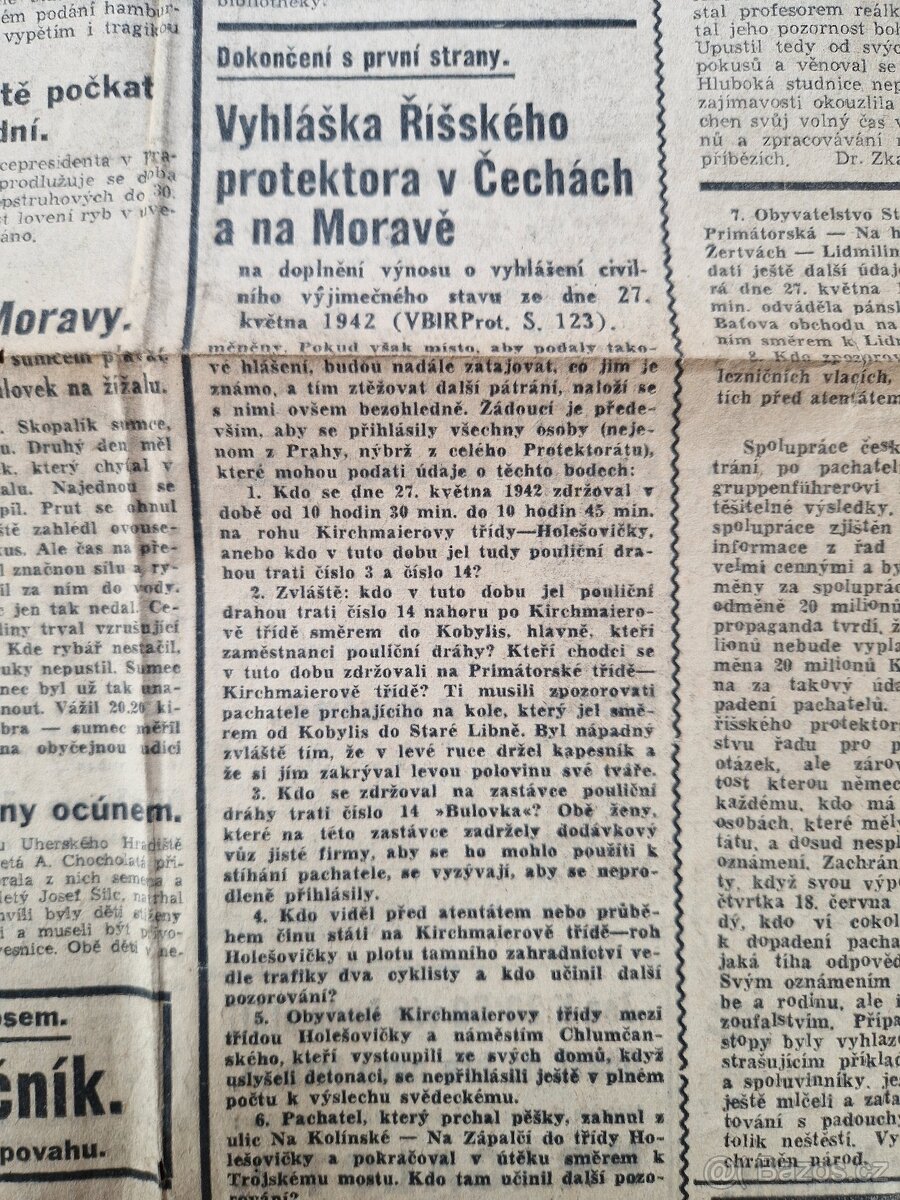 Staré noviny s vyhláškou Říš.protektora, okleštění Slovenska - 3