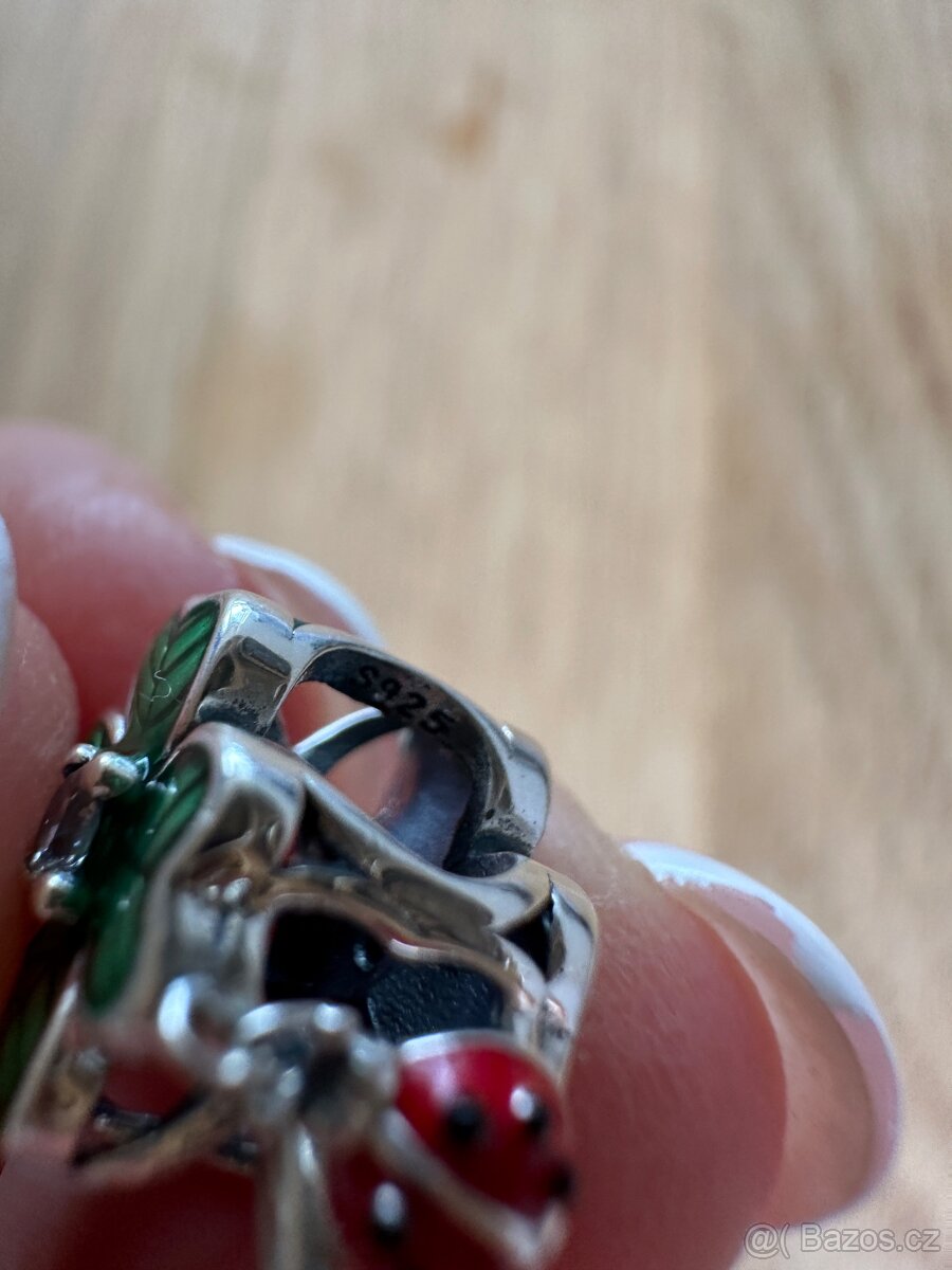 Čtyřlístek s visící beruškou přívěsek na Pandora náramek - 3