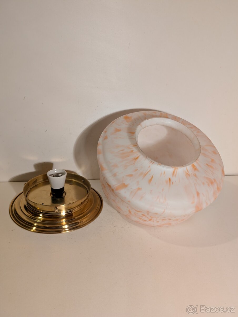 mosazný lustr, stropnice, staré žíhané stínidlo - 3