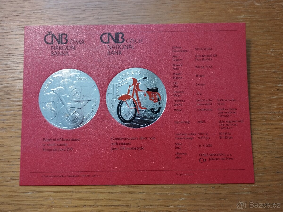 Prodám stříbrnou minci ČNB - Motocykl Jawa 250 Proof - 3