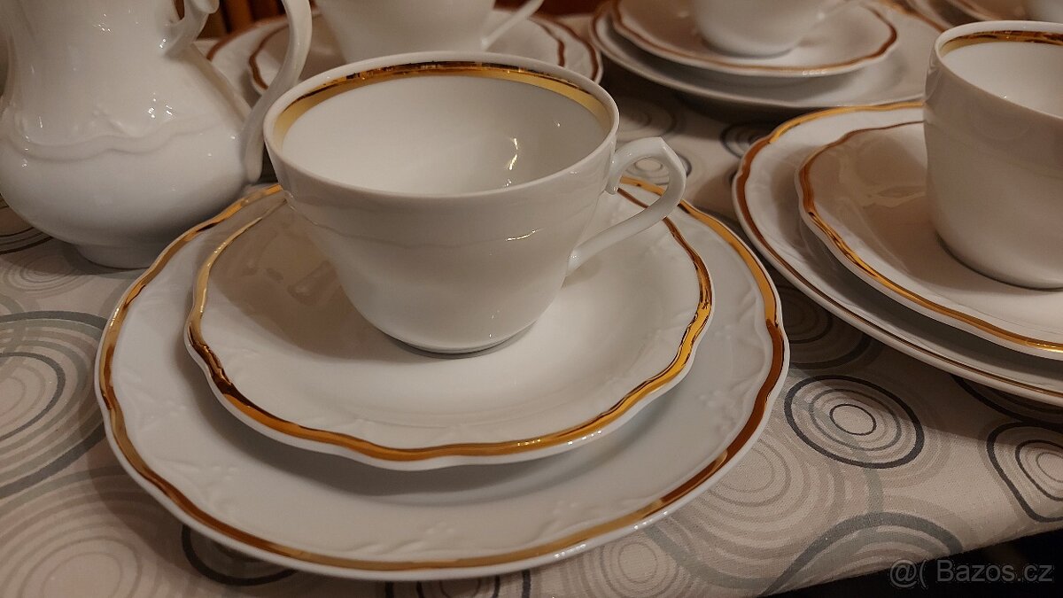 čajový servis, bílý se zlatým proužkem, - 3