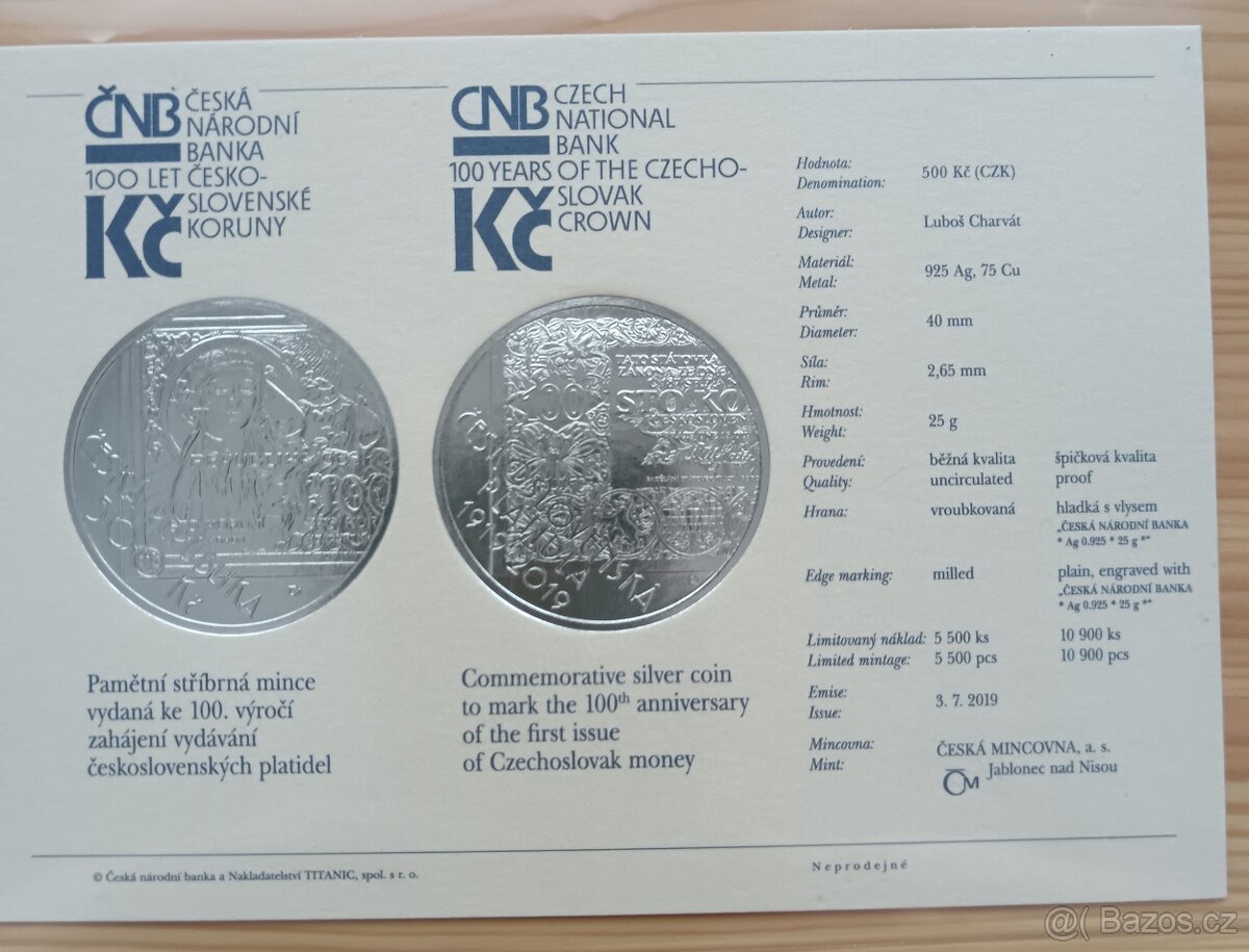 AG pamětní mince ČNB 2019 Vznik Československých Platidel Pr - 3