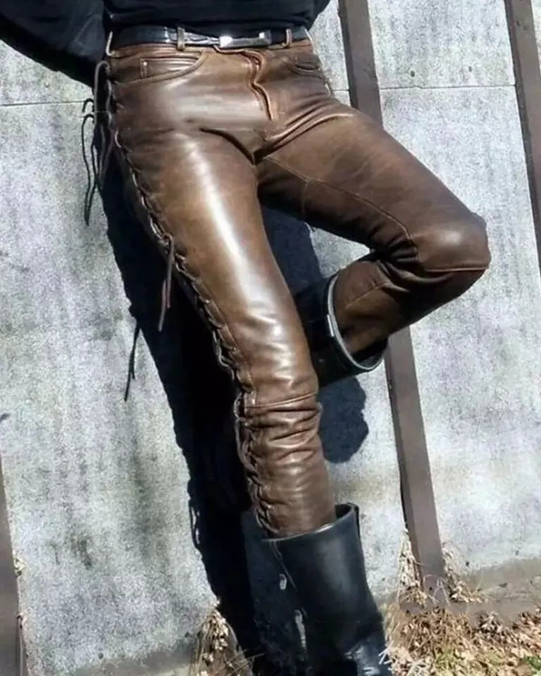 Kožené Šnurovacie Nohavice Hnedé - 3