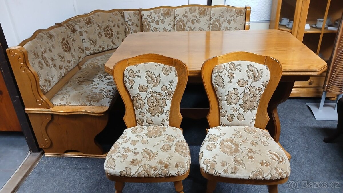 Masivní rustikální rohová lavice+2 židle+rozkládací stůl - 3