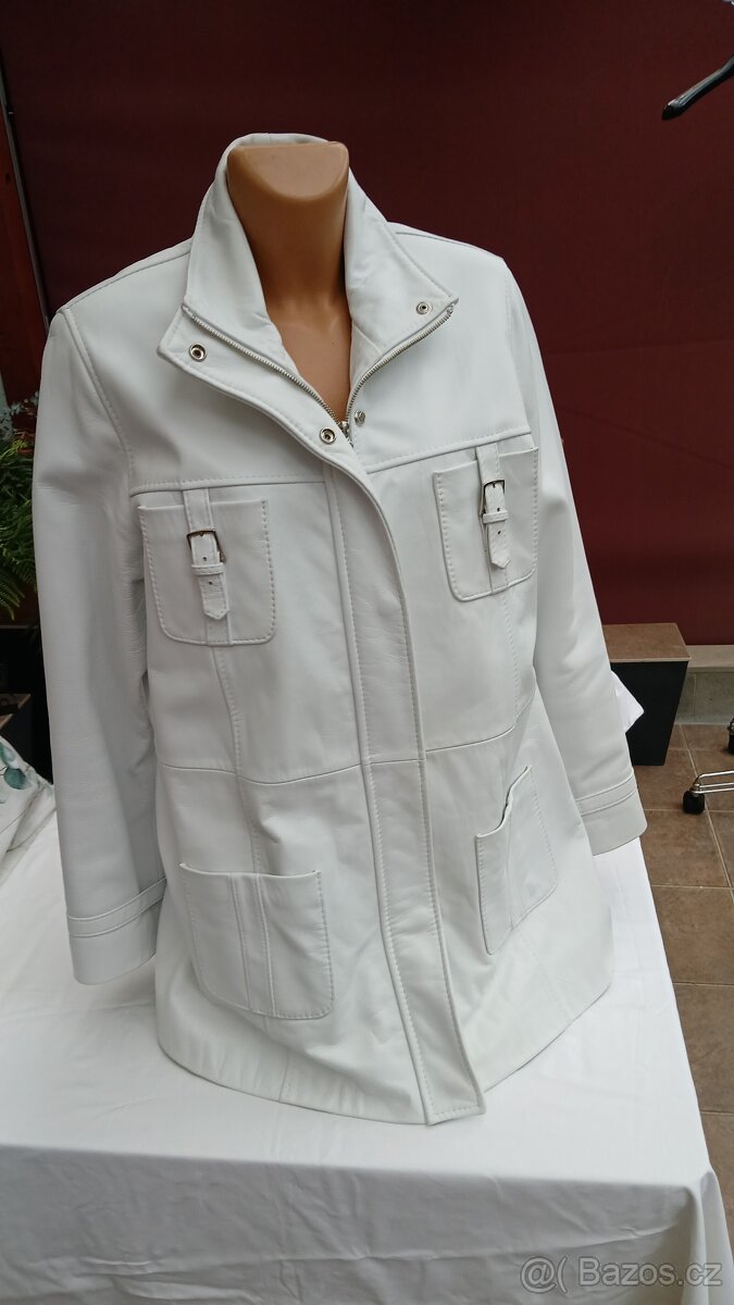 Kožená bílá elegantní delší dámská bunda Evoco vel.XL - 3
