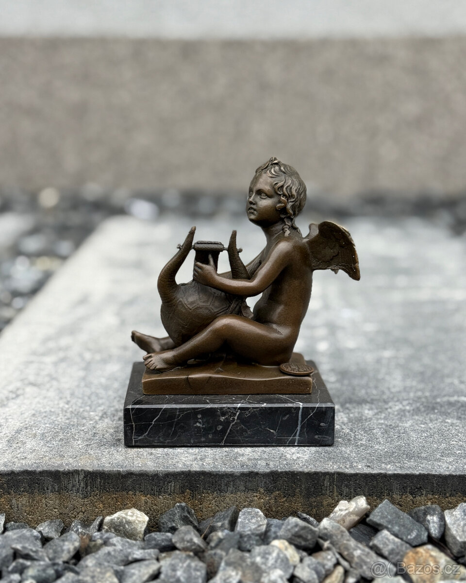 Bronzová andělská soška Putto s lyrou anděl dítě figurka - 3