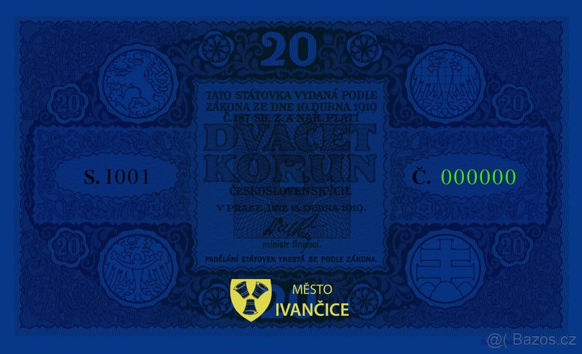 Novotisk státovky 20 Kč z roku 1919, uložena ve foldru - 3