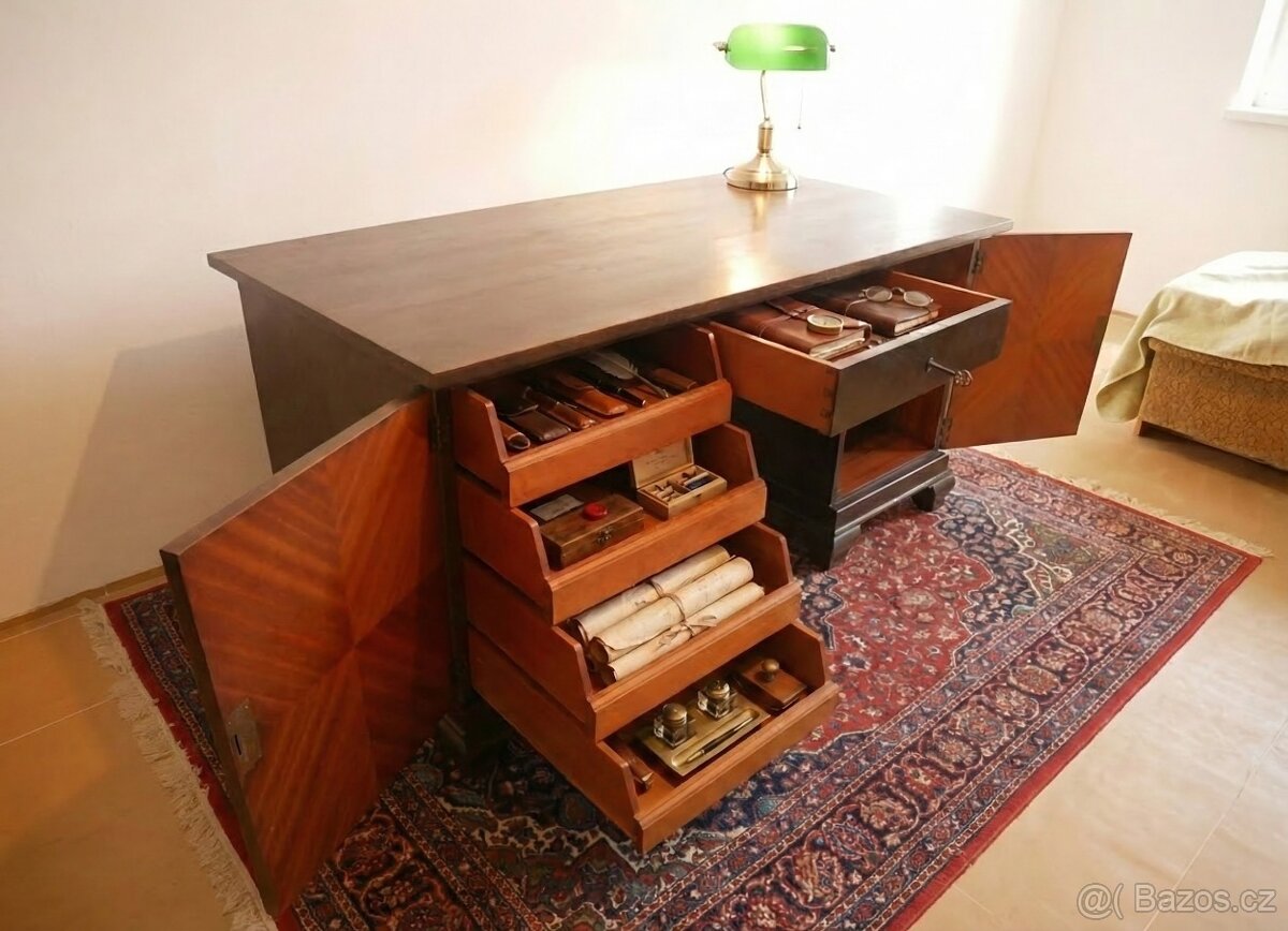 Masivní starožitný psací stůl - dub, ruční řezby vinné révy - 3