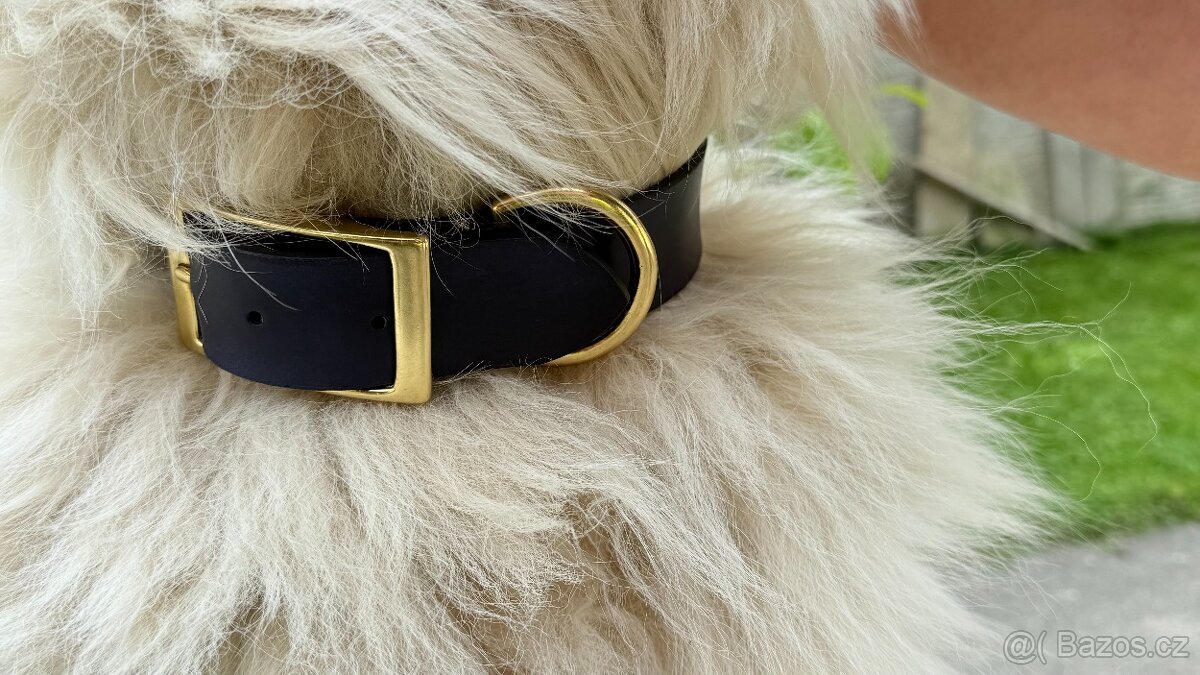 Ručně zdobený modro-zlatý kožený obojek - 3