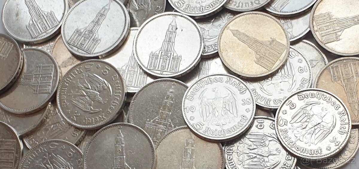 Stříbrné Německé 5 Reichsmark 3 Říše Posádkový kostel - 3