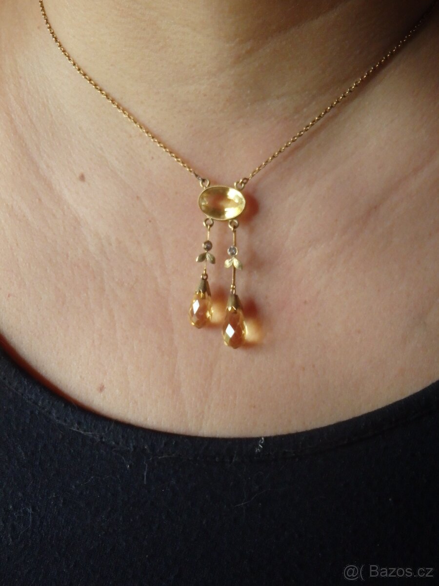Zlatý 14K starožitný koliér s citríny. - 3