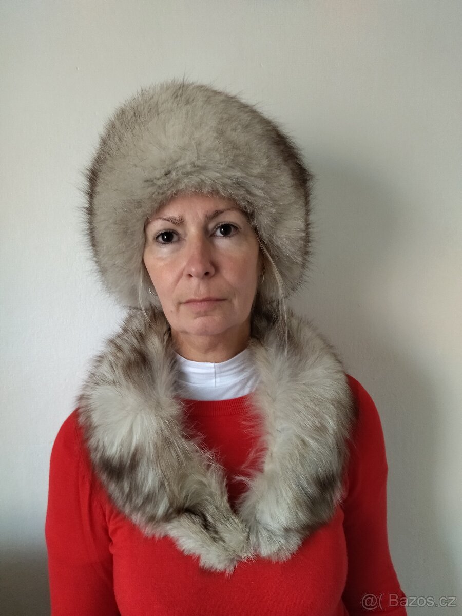 Čepice + límec kožešina stříbrná liška - 3