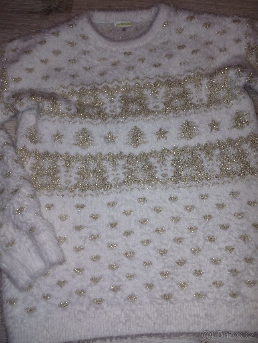 Dívčí zimní svetřík – bílý se zlatým vzorem - 3