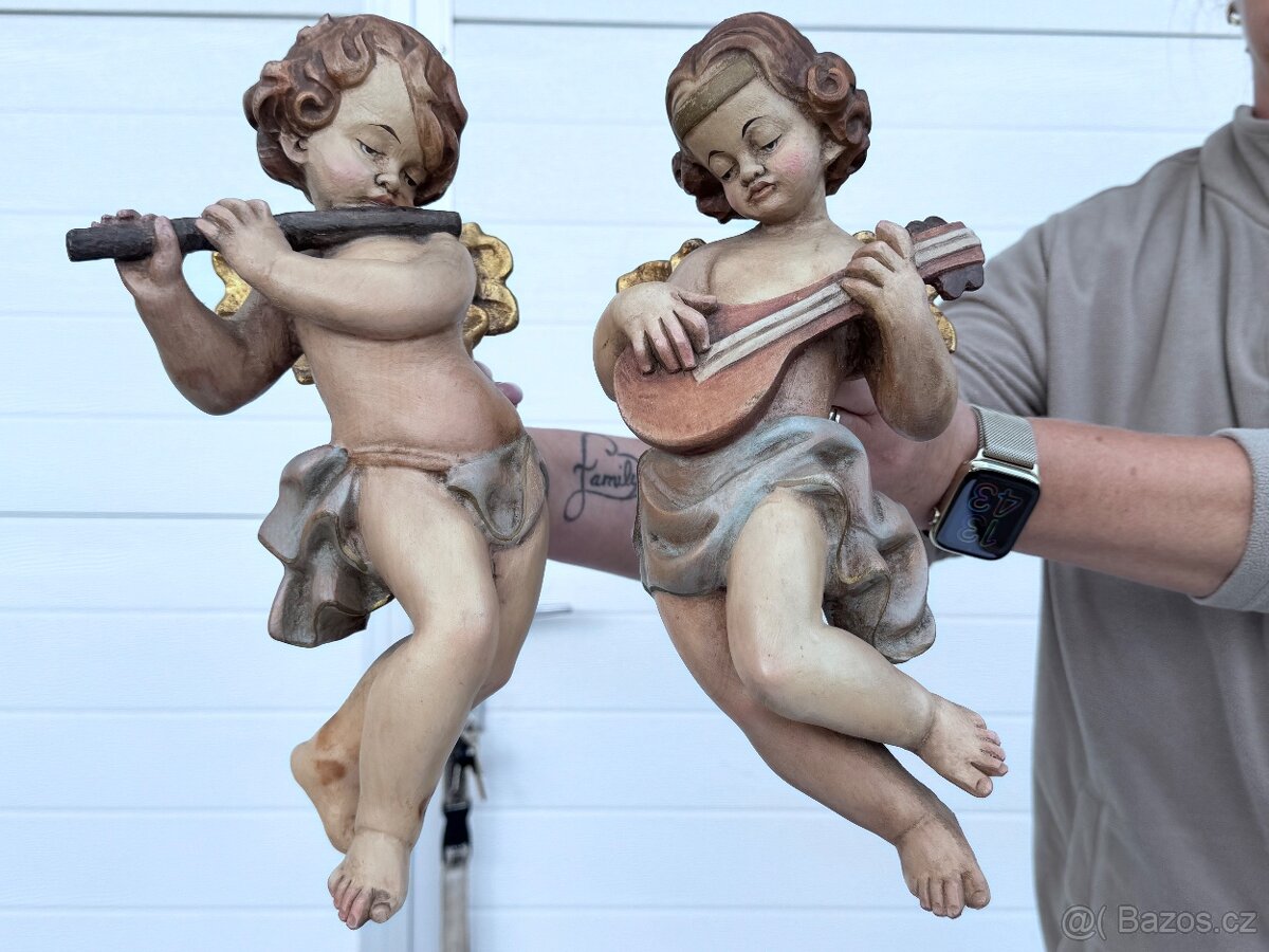 Velké malované sochy Anděl a Andělka dřevo 31,5cm - 3
