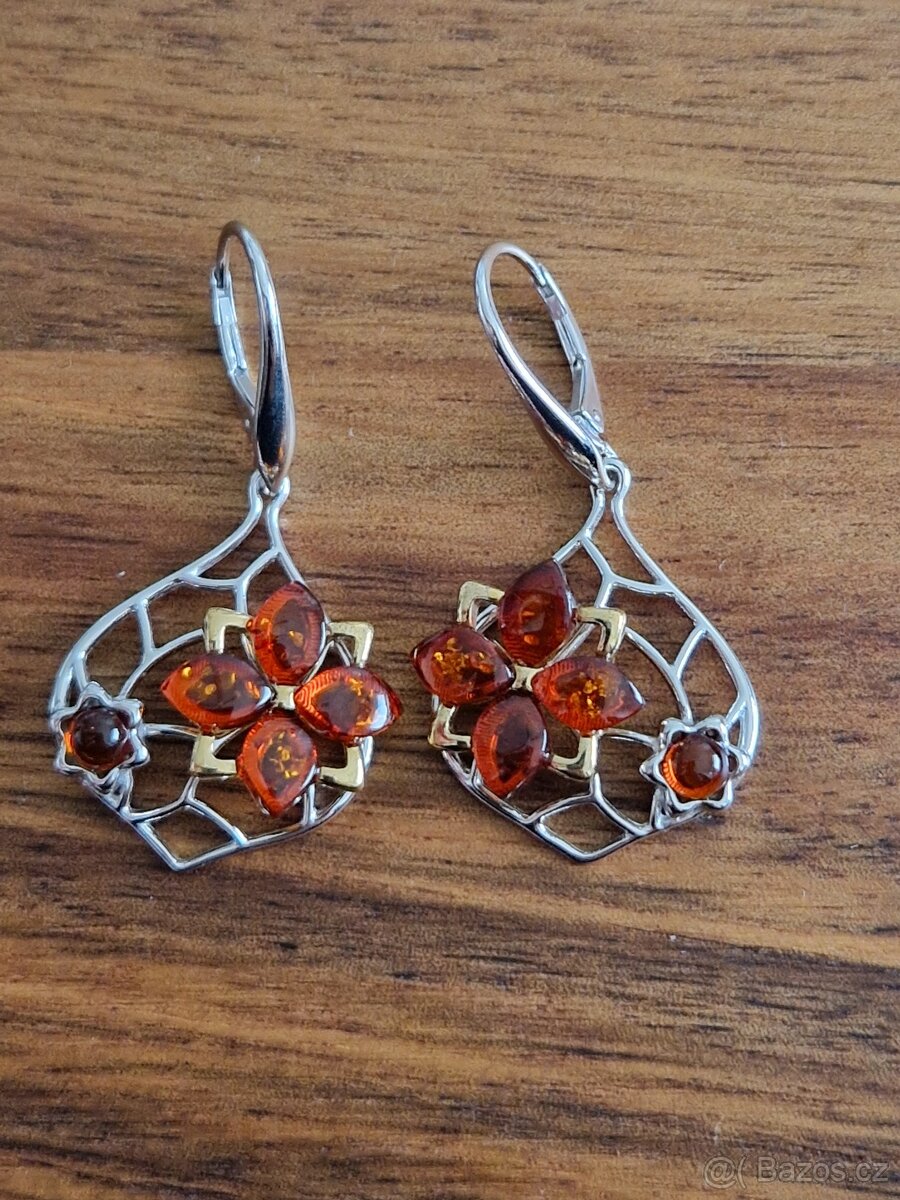 Nové nádherné stříbrné (punc 925) naušnice s jantar.kytičkou - 3
