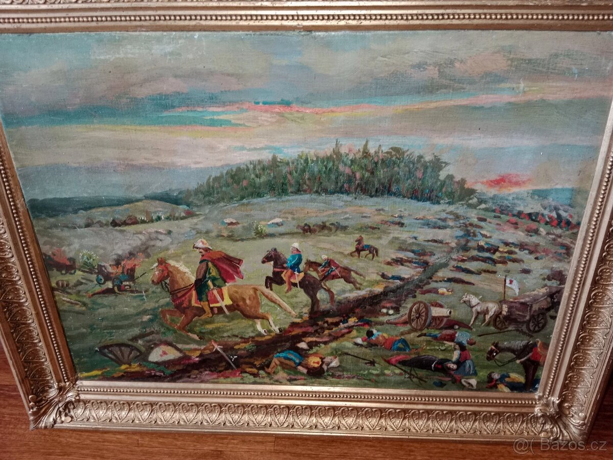Pěkný,starý obraz-olej- bitva na poli - 3