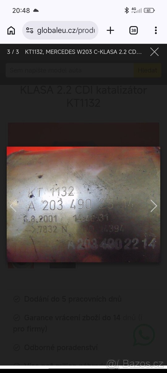 Prodám katalizator KT 1132, Mercedes C220 - 3