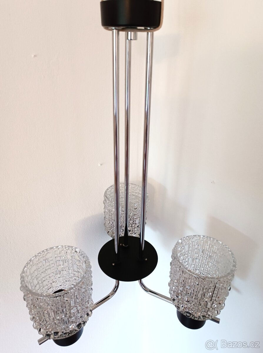 Tříramenný retro lustr 60. léta Elektroinstala-chrom,sklo - 3