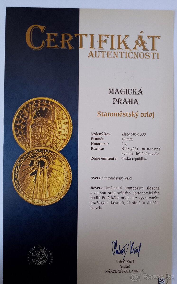 Zlatá medaile Magická Praha Staroměstský Orloj 2g Au 585 - 3